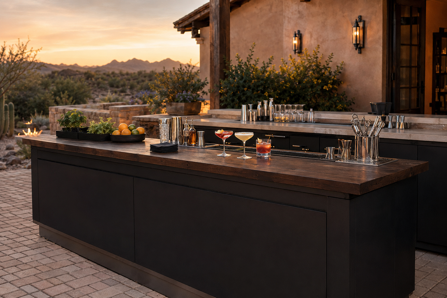 The Humble Barkeep event bar set with cocktails, tools and citrus at a desert home at sunset
